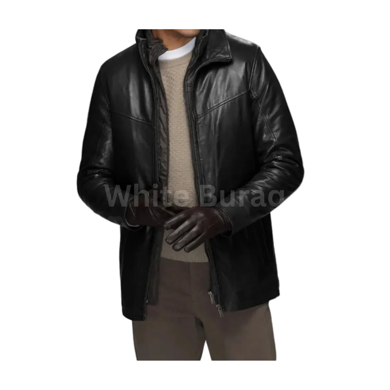 Man wearing a black leather jacket over a beige sweater