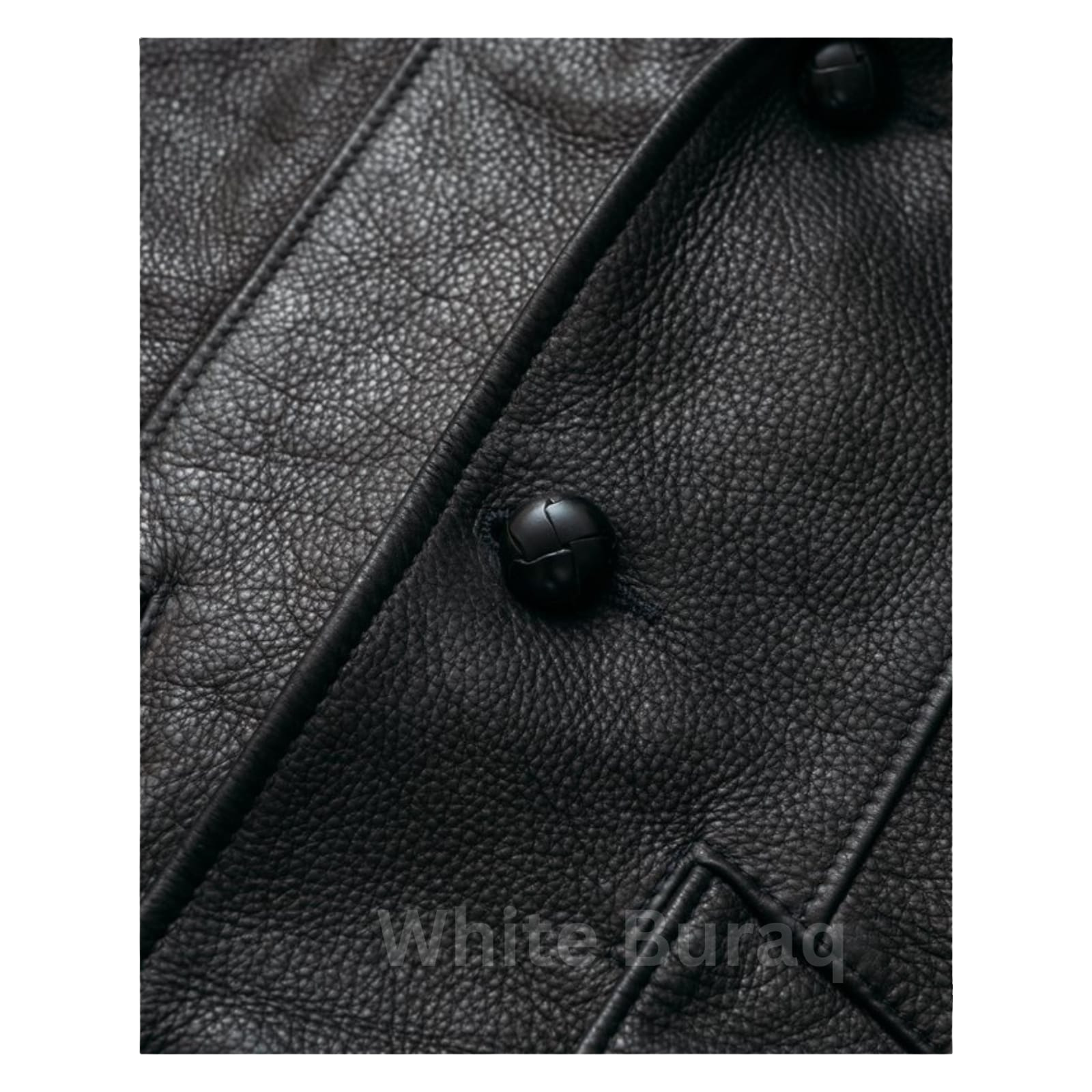 Close-up of a black leather jacket with a button