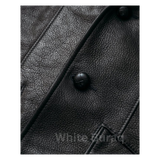 Close-up of a black leather jacket with a button