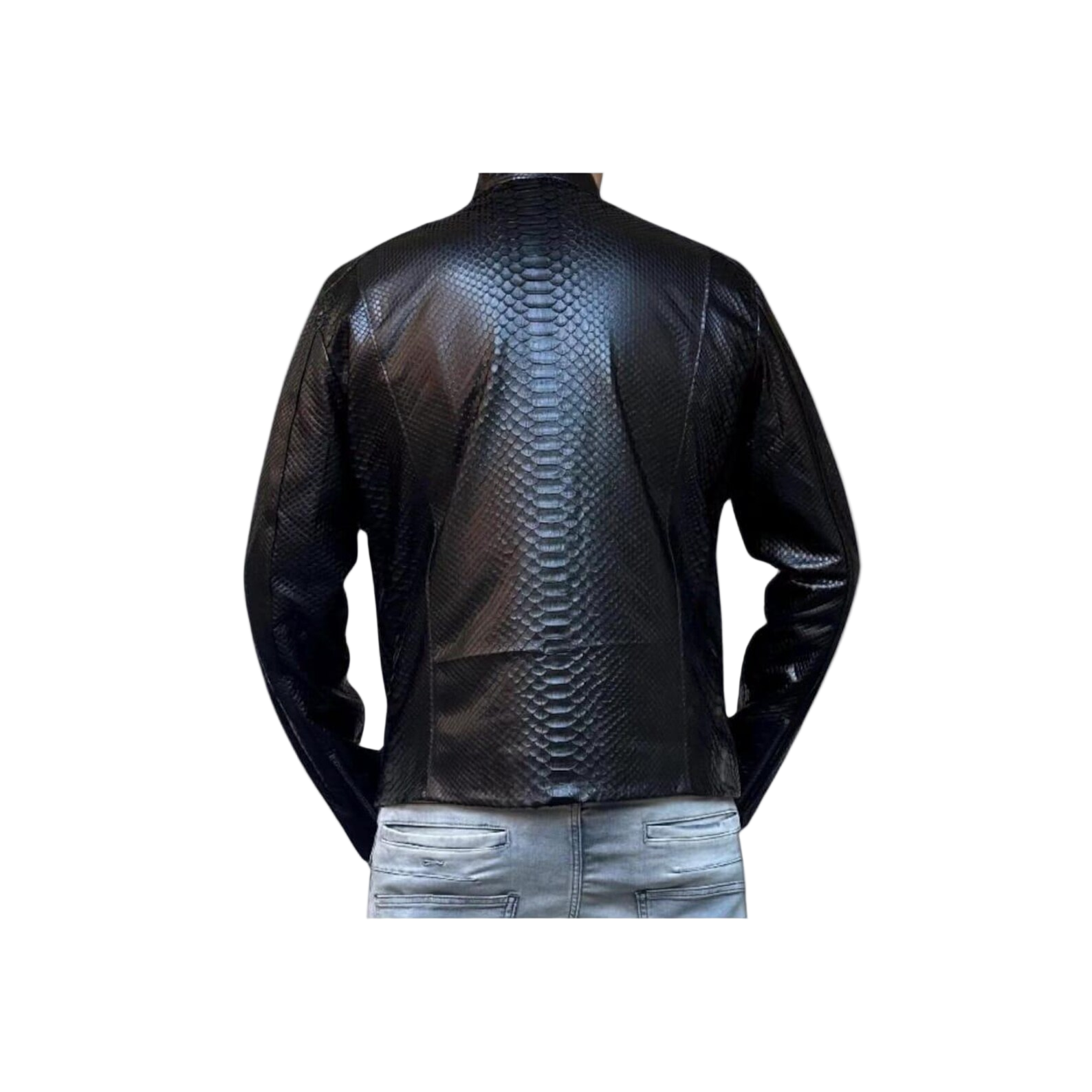 Black leather jacket with snake skin pattern