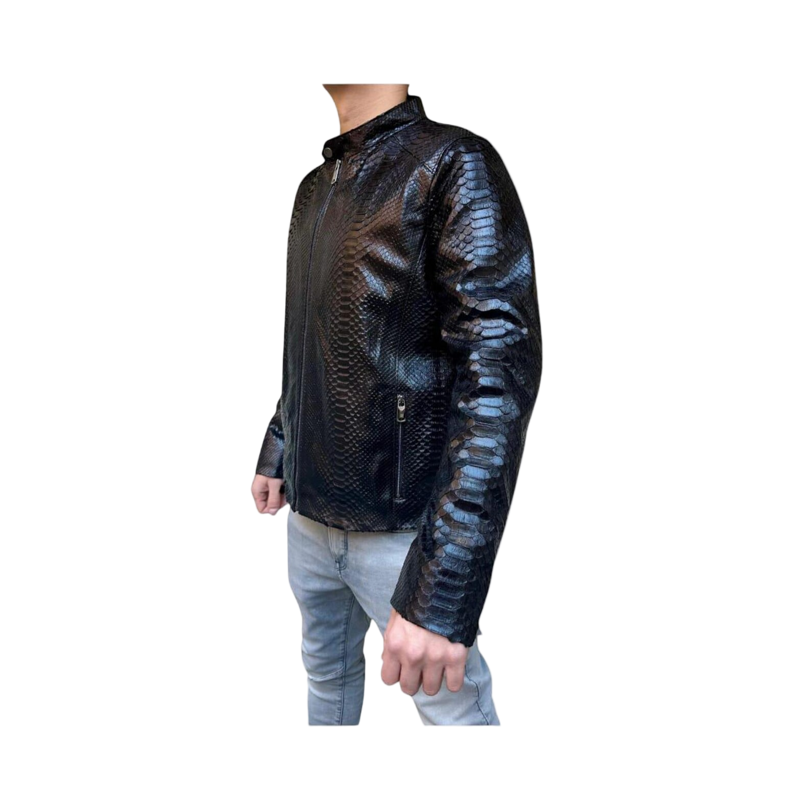 Black leather jacket with snake skin pattern worn by a person
