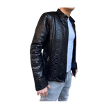 Black textured leather jacket worn by a person