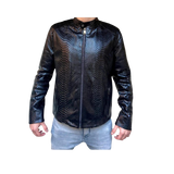 Black leather jacket with snake skin pattern worn by a person