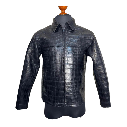 Black crocodile-patterned leather jacket