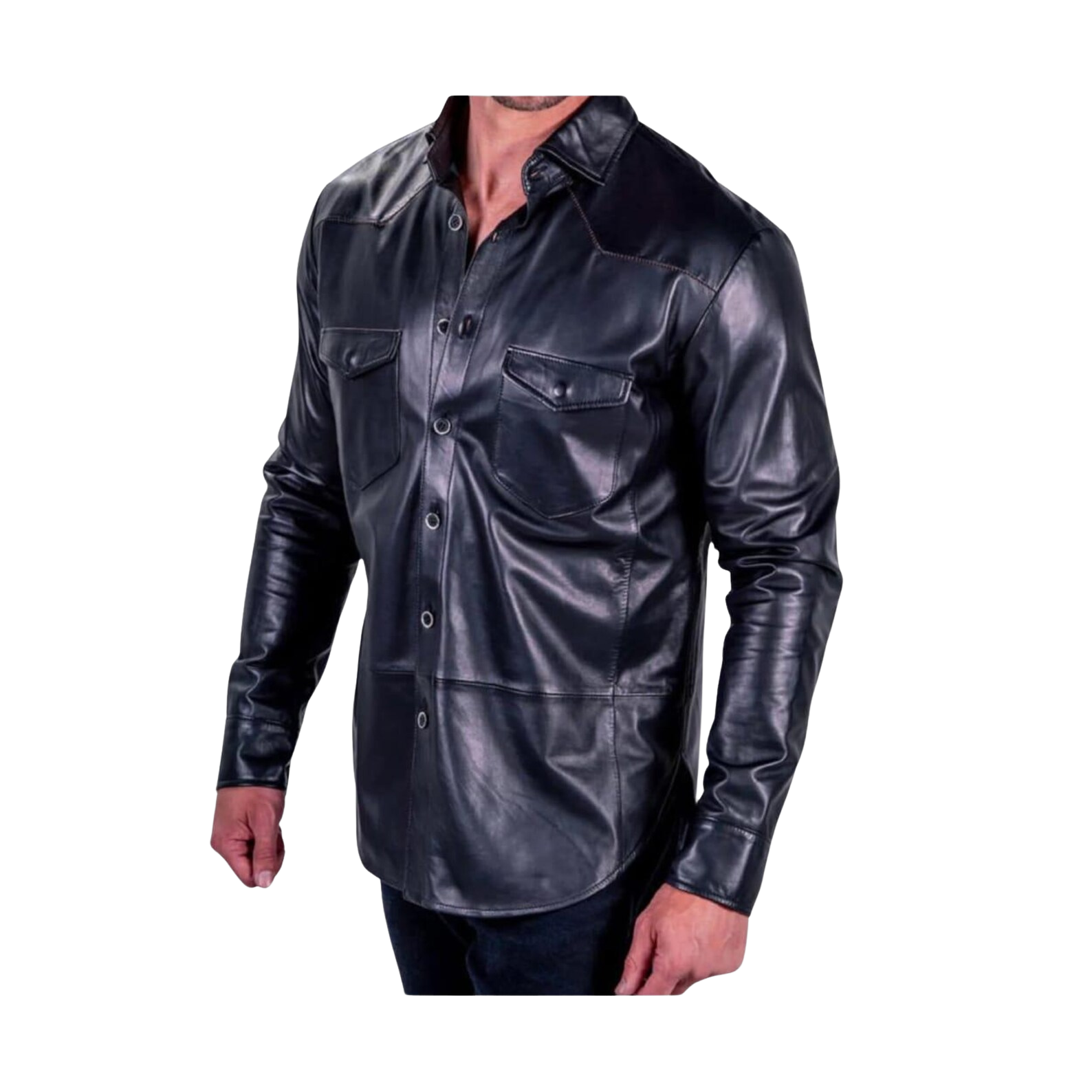 Black leather shirt worn by a person