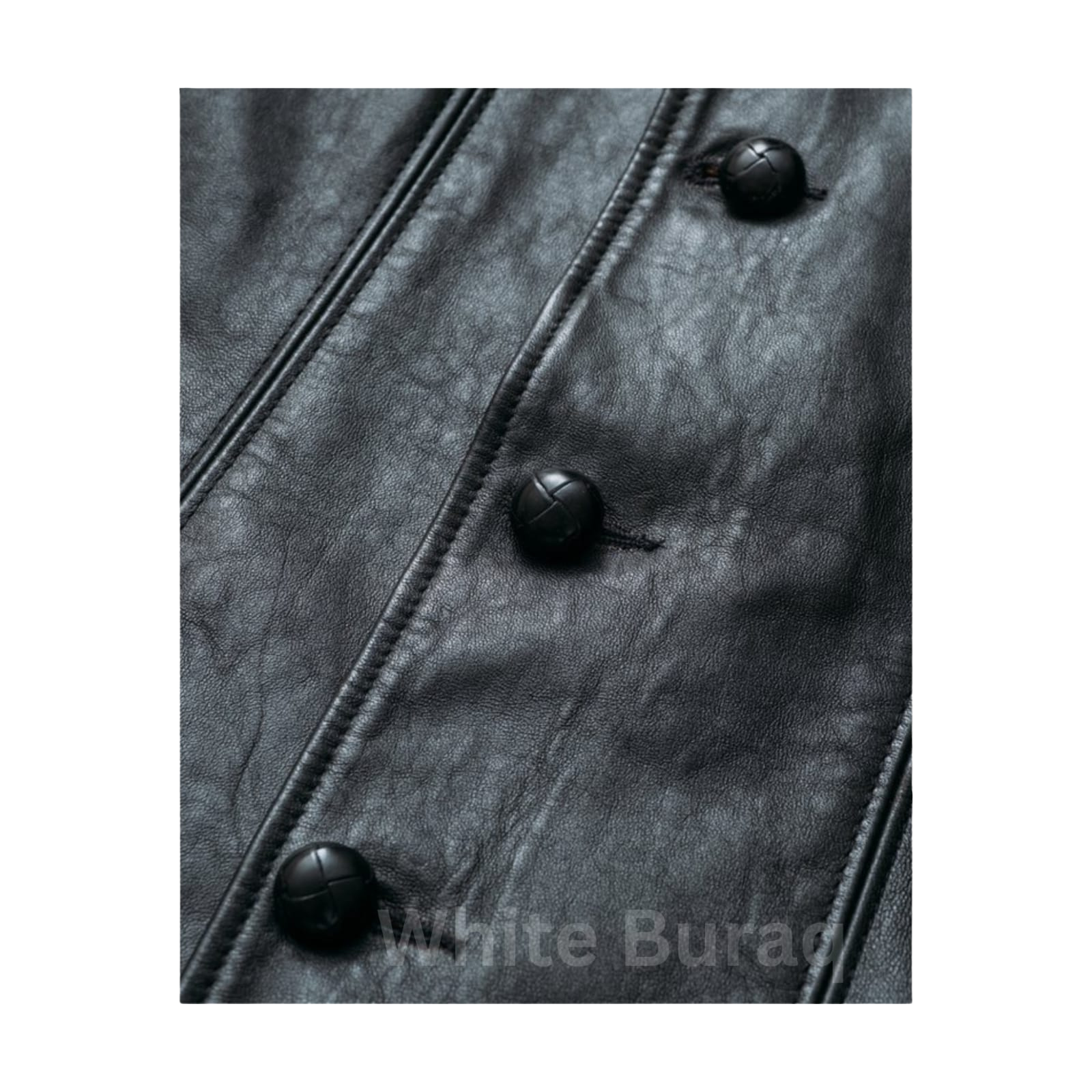 Close-up of a dark gray leather jacket with black buttons
