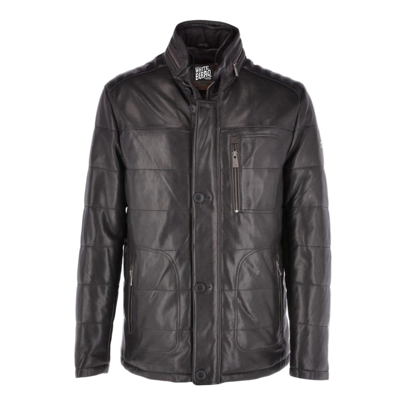 Black leather jacket with brand logo