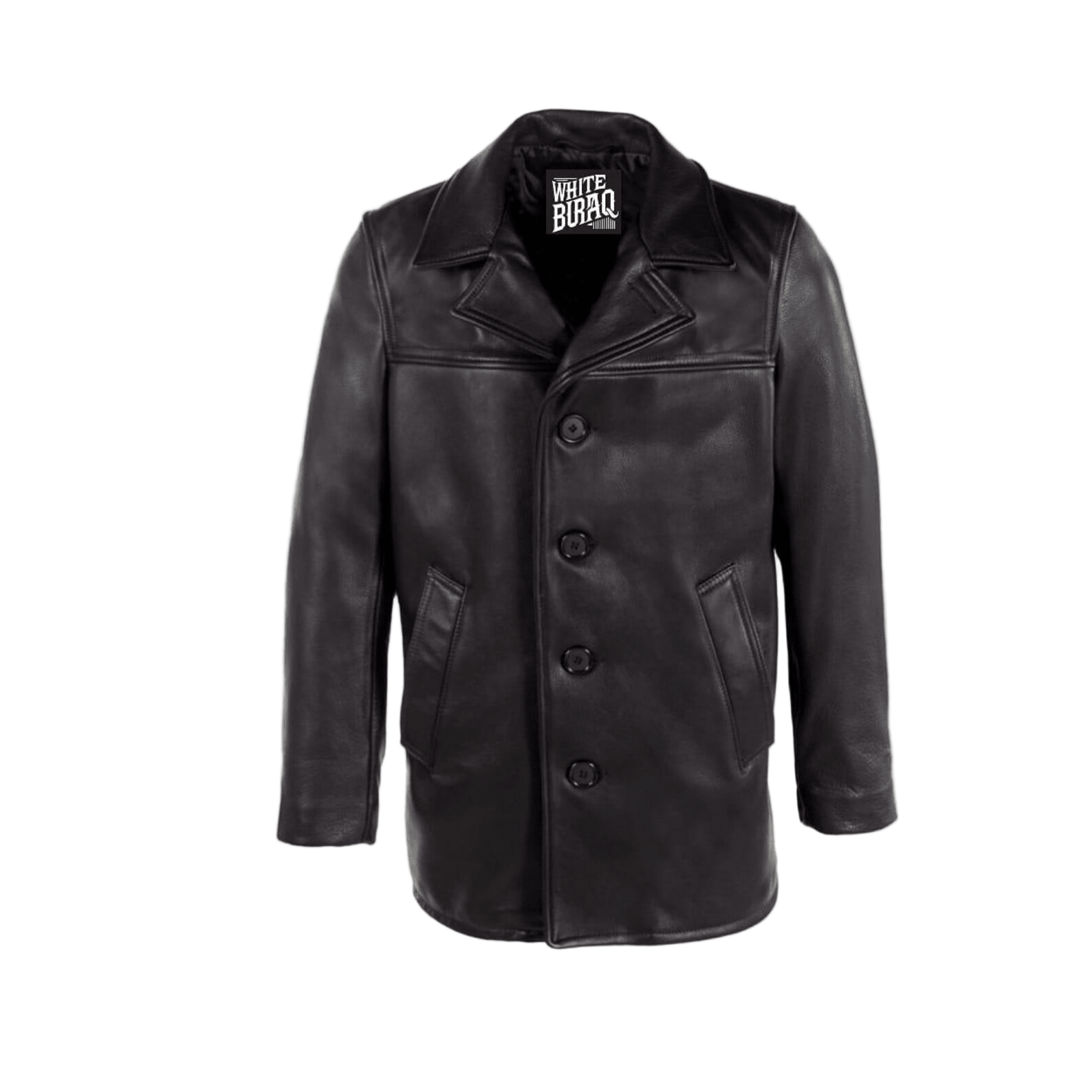 Black leather coat with visible brand label