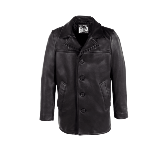 Black leather coat with visible brand label