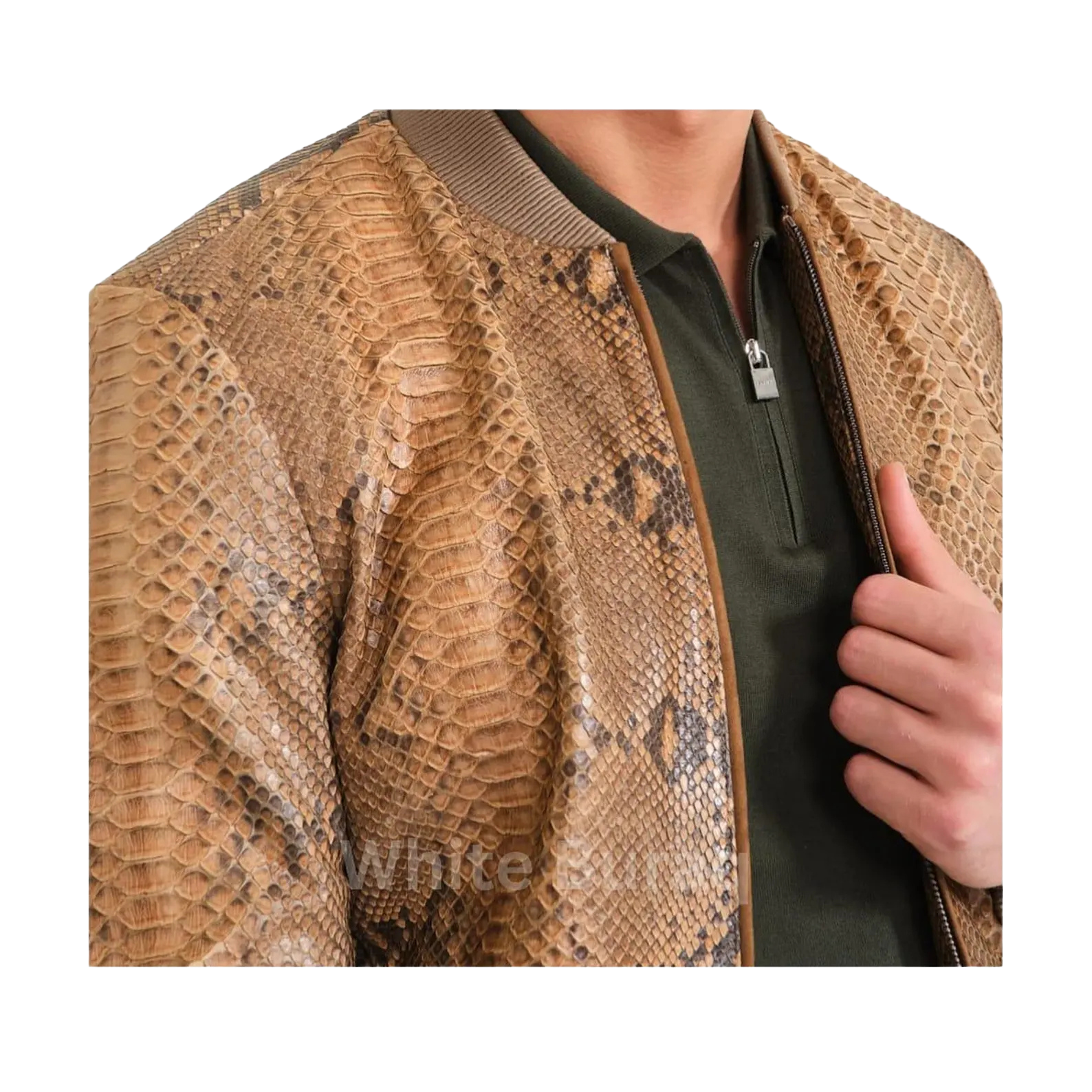 Snakeskin-patterned jacket worn by a person