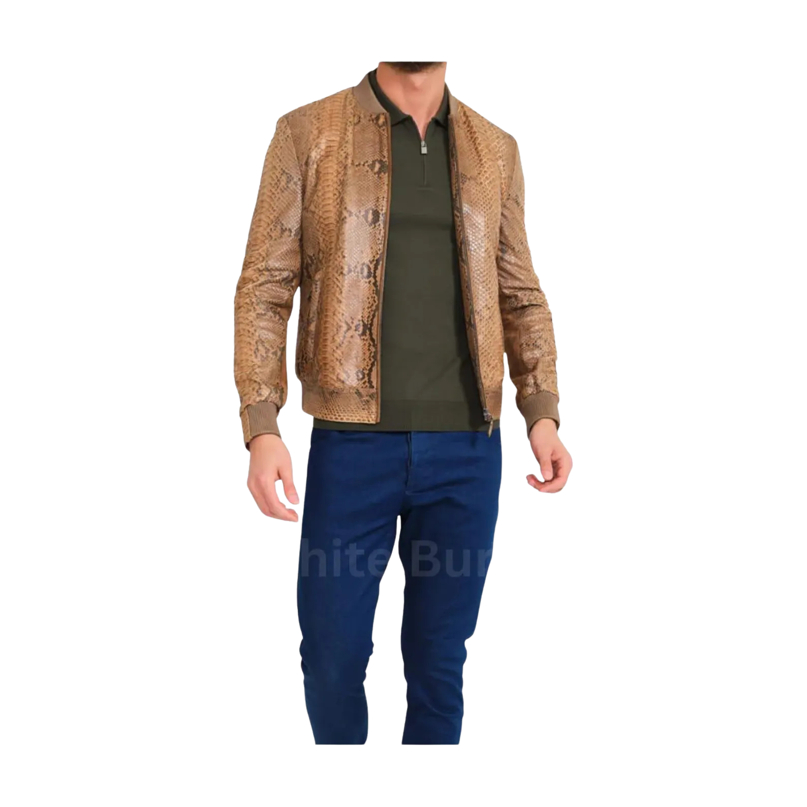 Man wearing a brown leather jacket, green shirt, and blue pants