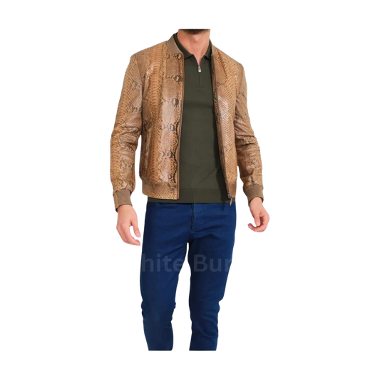 Man wearing a brown leather jacket, green shirt, and blue pants