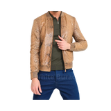 Man wearing a patterned jacket over a green shirt and blue pants