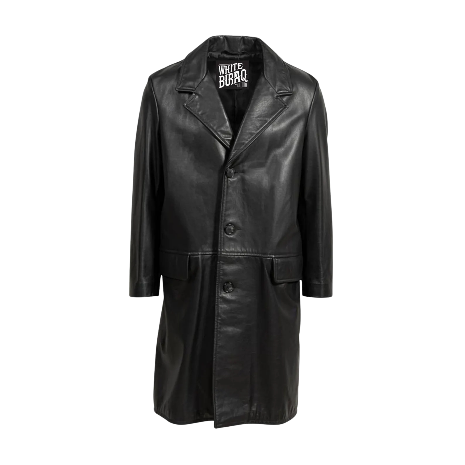 Black leather coat with a brand label