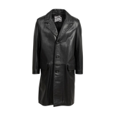 Black leather coat with a brand label