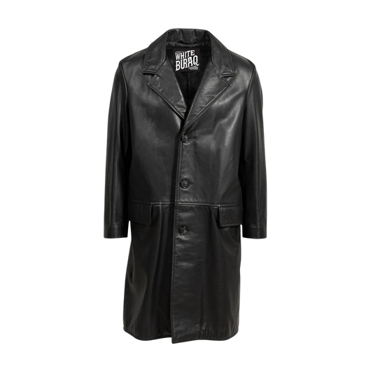 Black leather coat with a brand label
