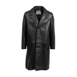 Black leather coat with a brand label