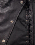Close-up of a black leather jacket with button details and lace-up front.