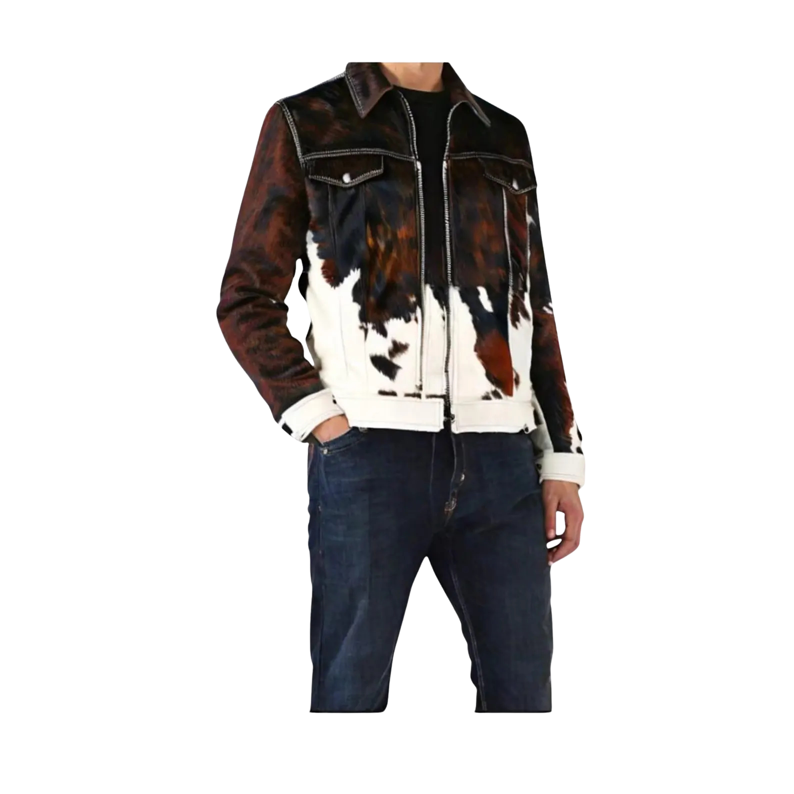 Person wearing a cowhide leather jacket and jeans