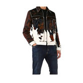 Person wearing a cowhide leather jacket and jeans