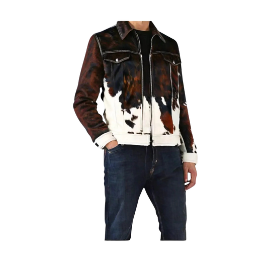 Person wearing a cowhide leather jacket and jeans