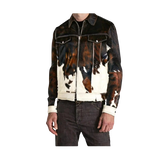Cow print jacket worn by a person