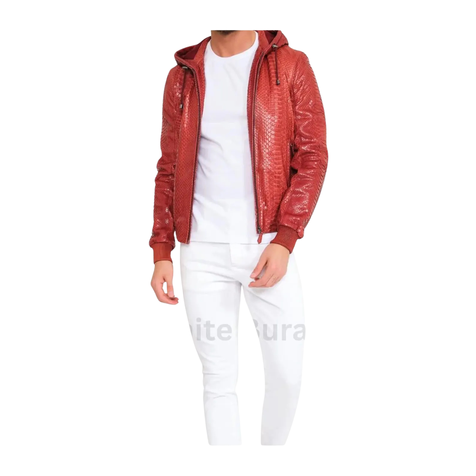 Person wearing a red textured jacket over a white shirt and pants