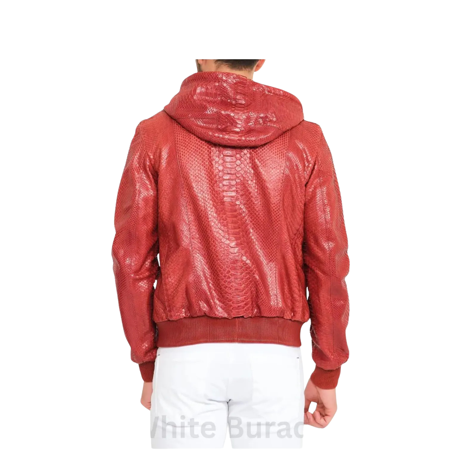 Red textured jacket worn by a person