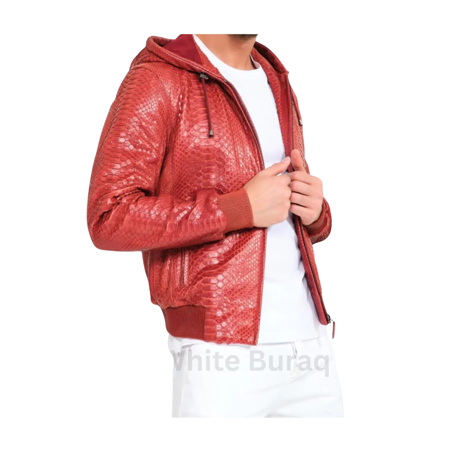 Red textured jacket worn by a person