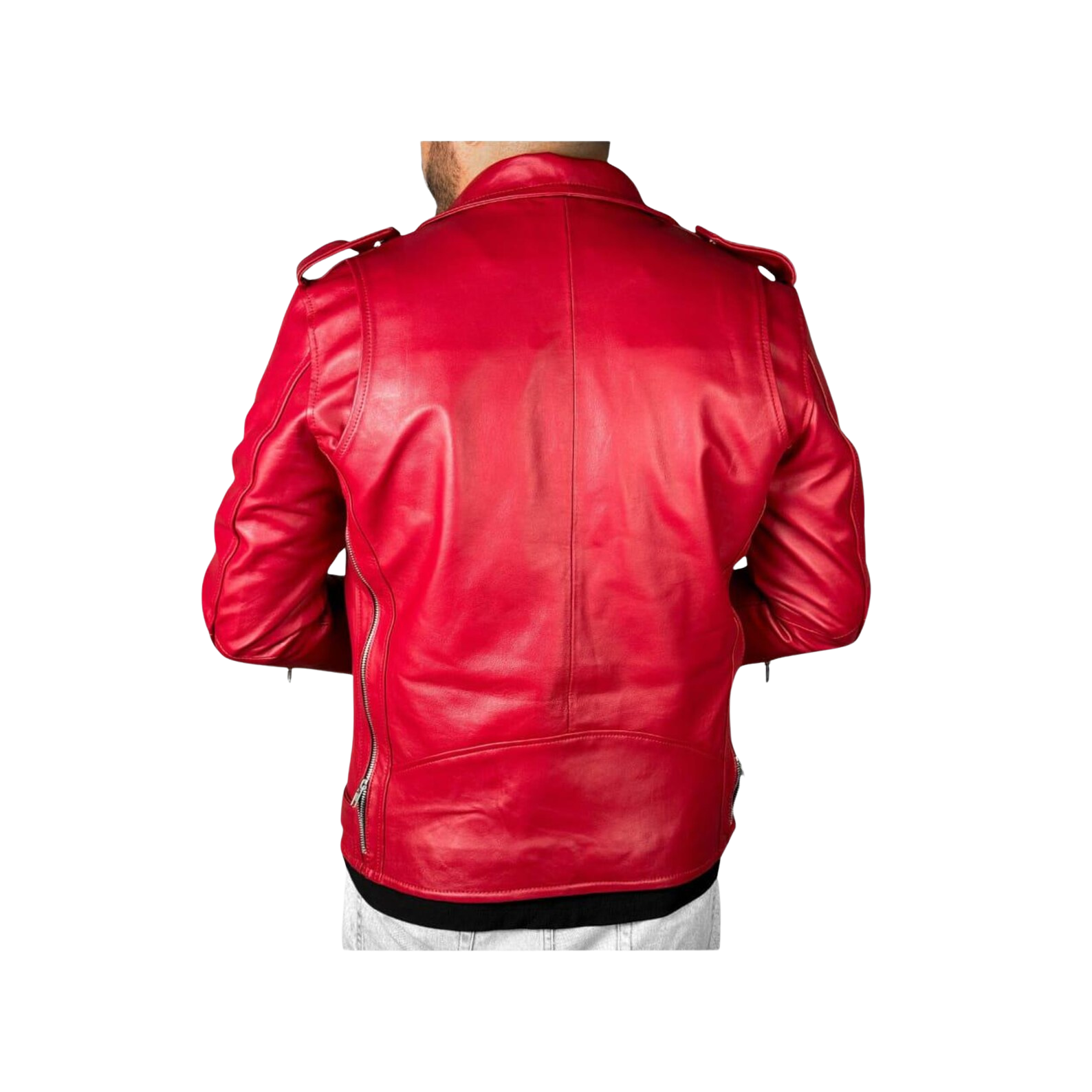 Red leather jacket worn by a person