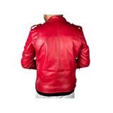 Red leather jacket worn by a person