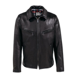 Black leather jacket with visible brand logo on a white background