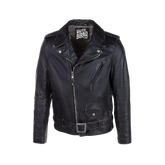 Black leather jacket with visible branding on a white background
