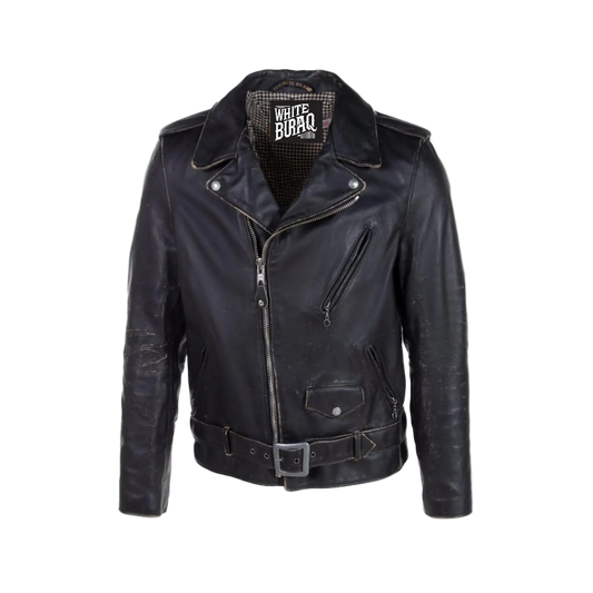 Black leather jacket with visible branding on a white background