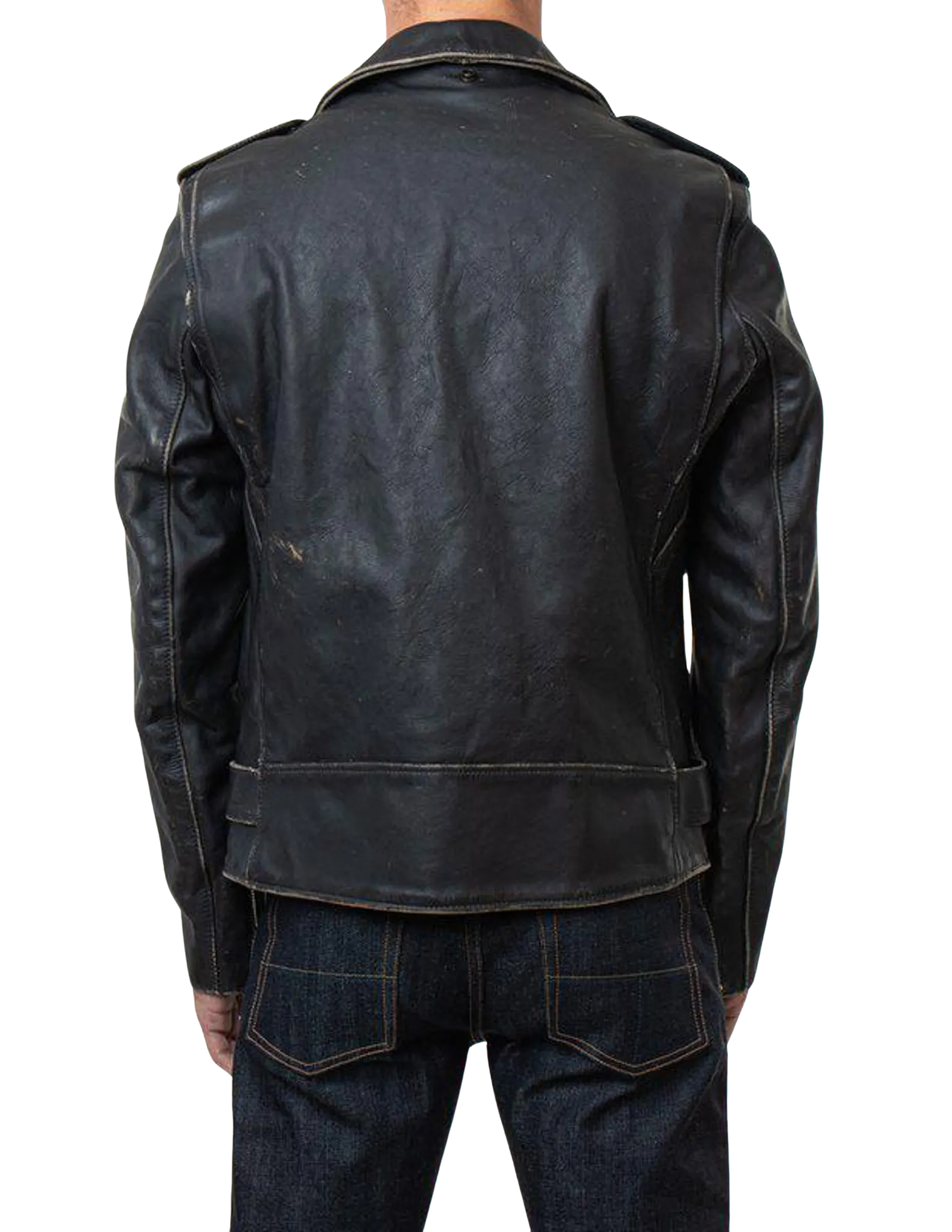 Black leather jacket worn by a person