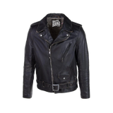 Black leather jacket with visible branding on a white background