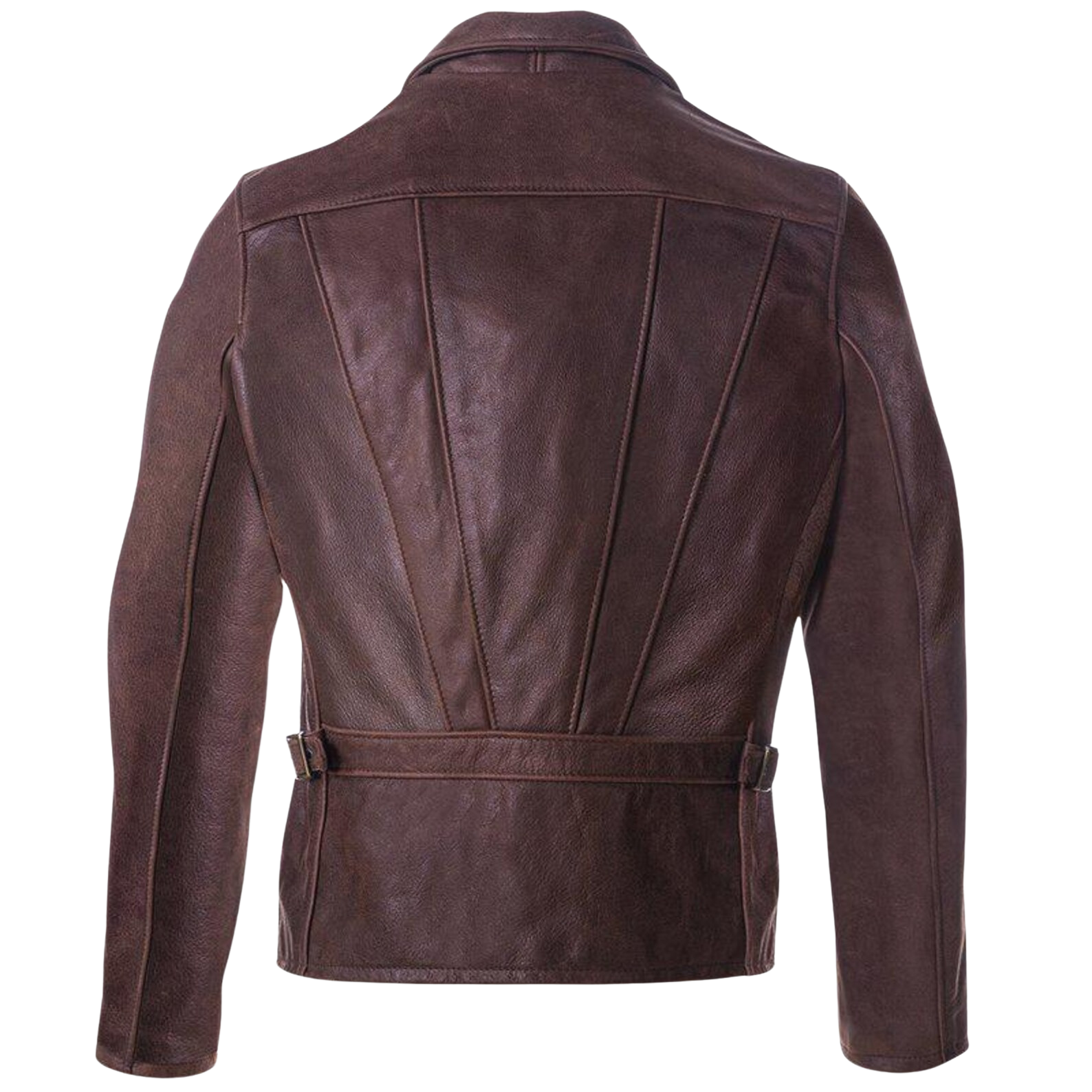 Brown leather jacket shown from the back