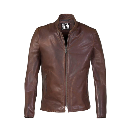 Brown leather jacket with a visible brand label on a white background