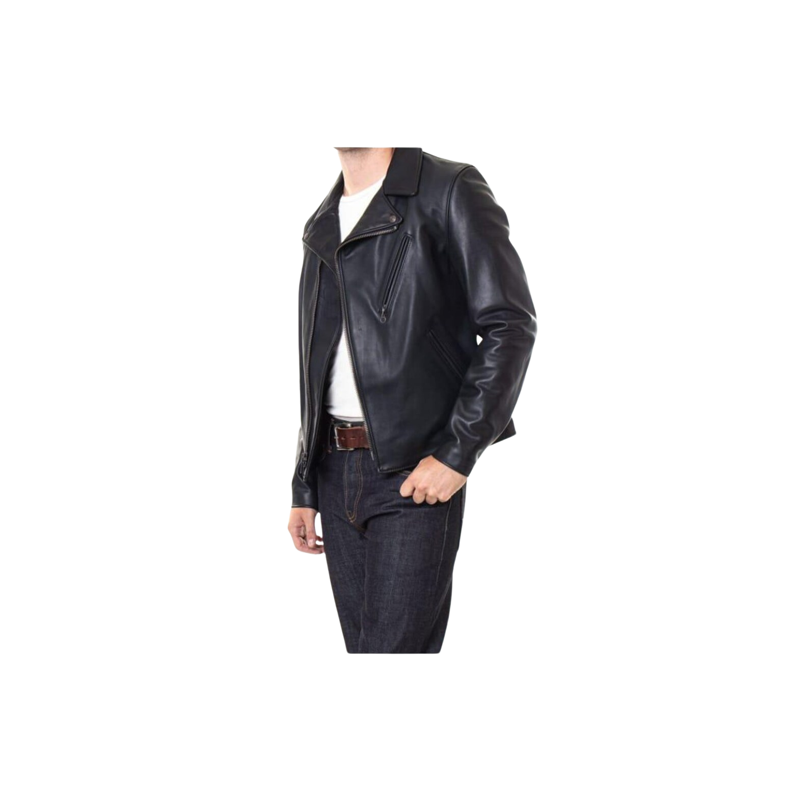 Black leather jacket worn by a person