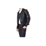 Black leather jacket worn by a person