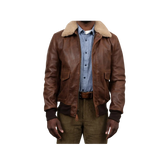 Brown leather jacket with fur collar