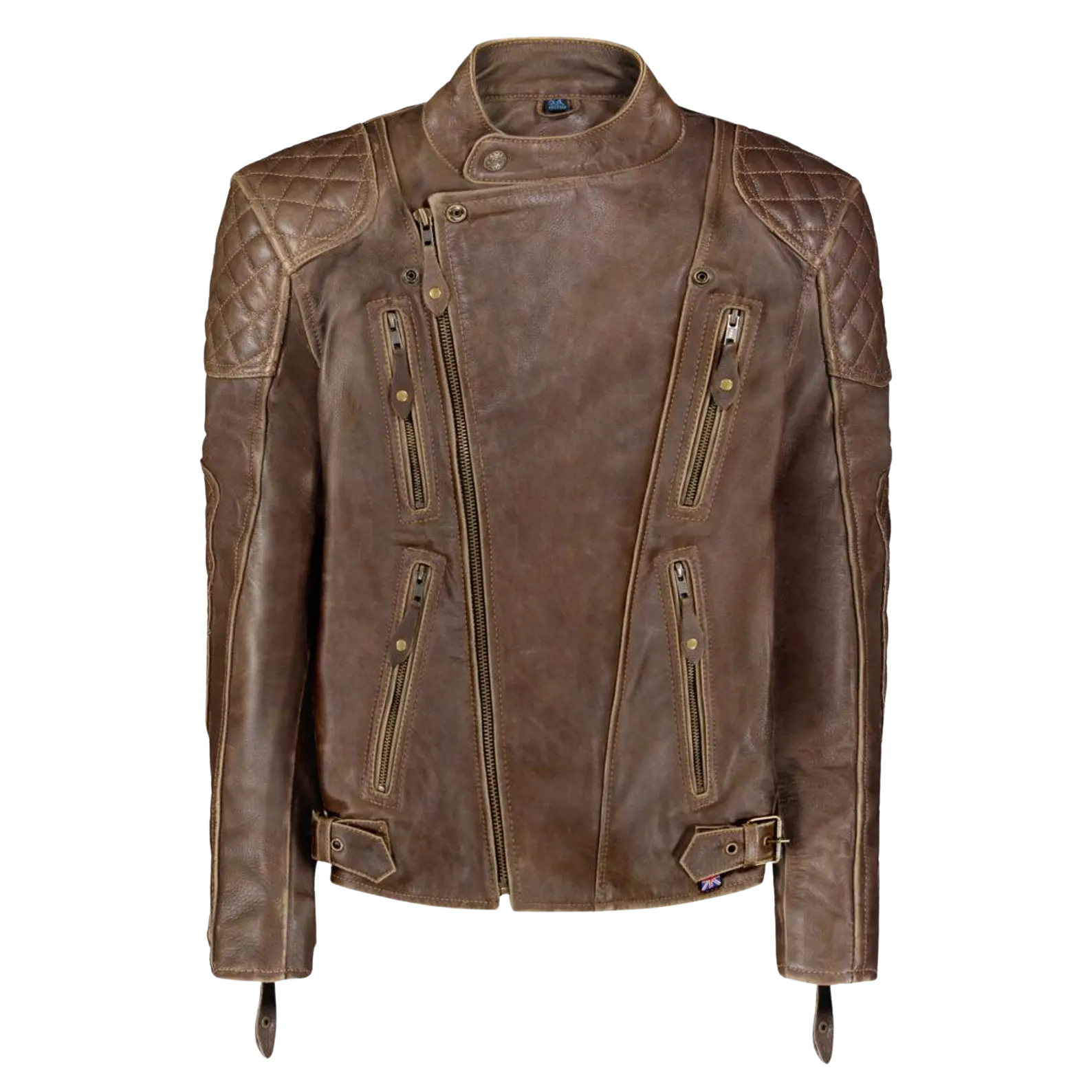 Brown leather jacket with quilted shoulders