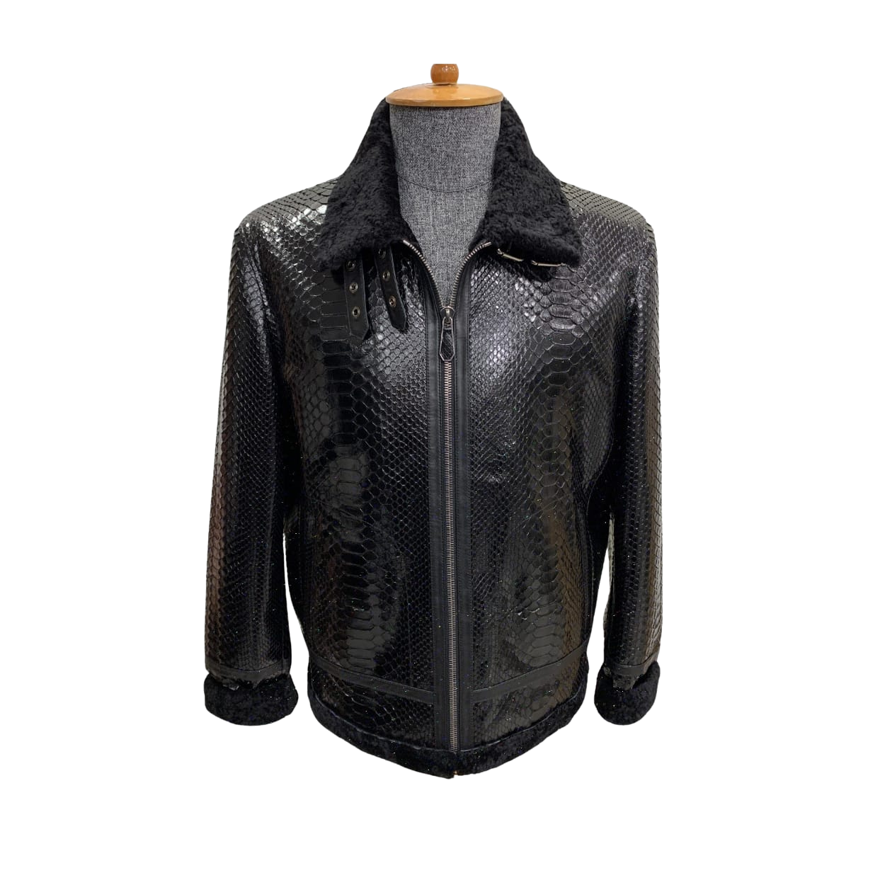 Black leather jacket on a mannequin