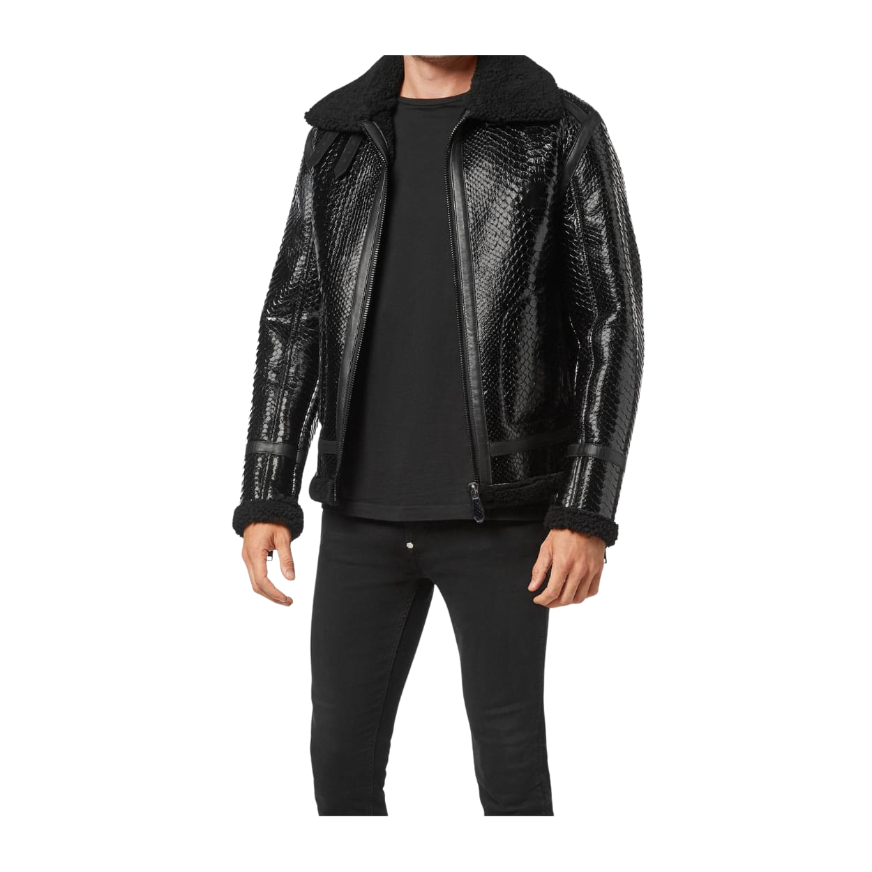 Black textured jacket worn by a person