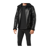 Black textured jacket worn by a person