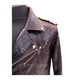 Close-up of a textured leather jacket with a zipper