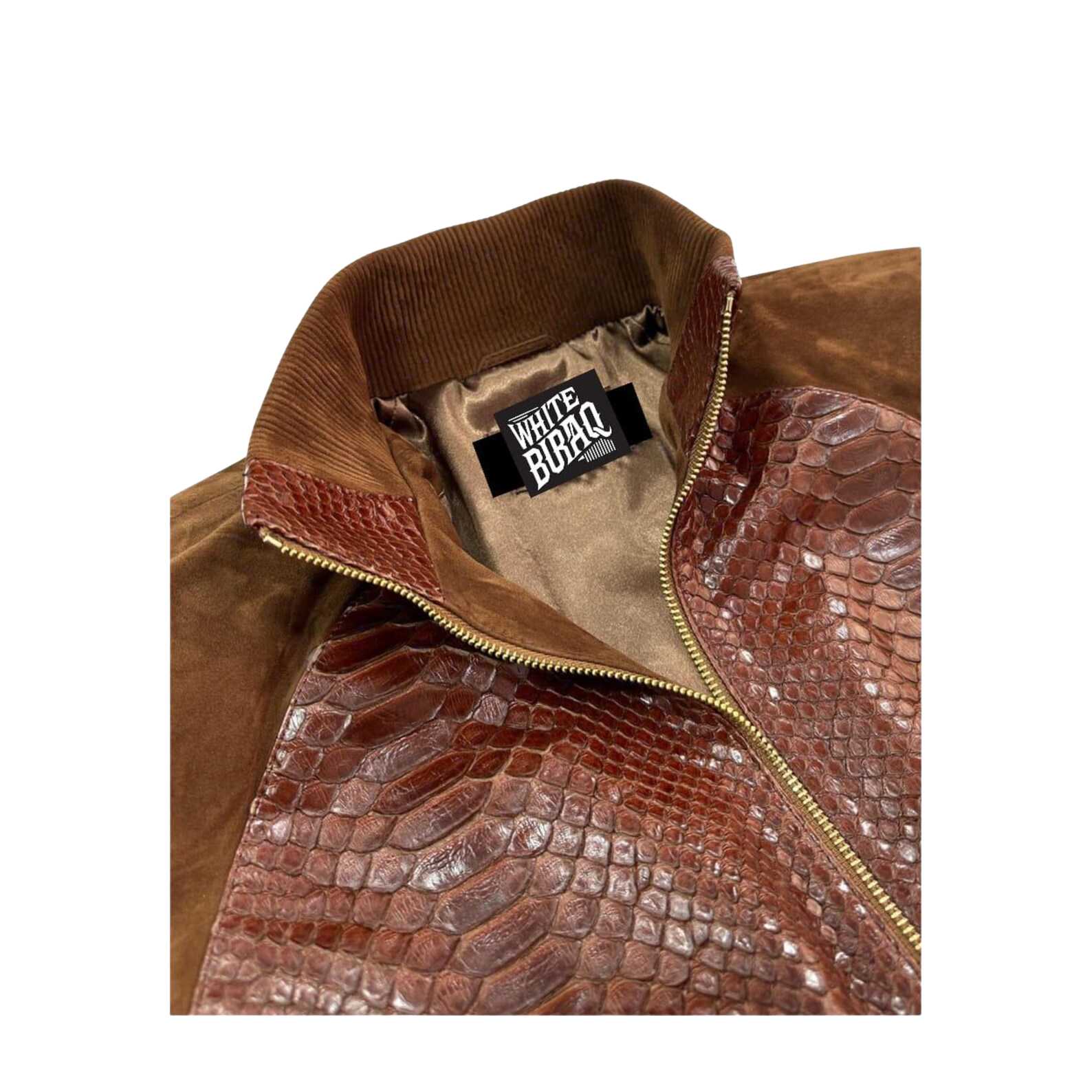 Brown leather jacket with a textured pattern and visible brand logo