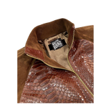 Brown leather jacket with a textured pattern and visible brand logo