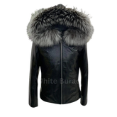 Black leather jacket with large fur hood