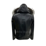 Black leather jacket with fur hood